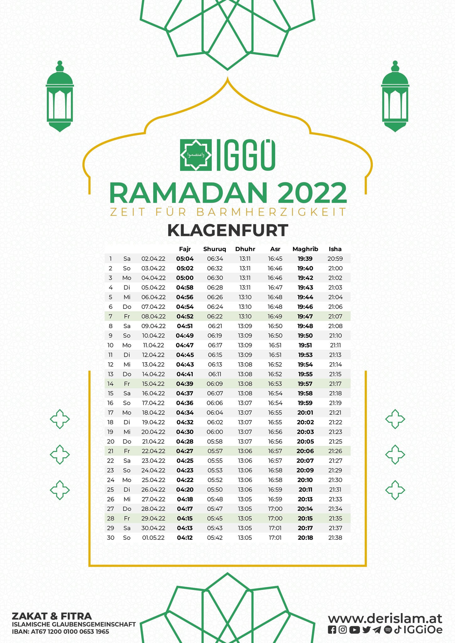 إمساكية رمضان لمدينة كلاجنفورت 2022